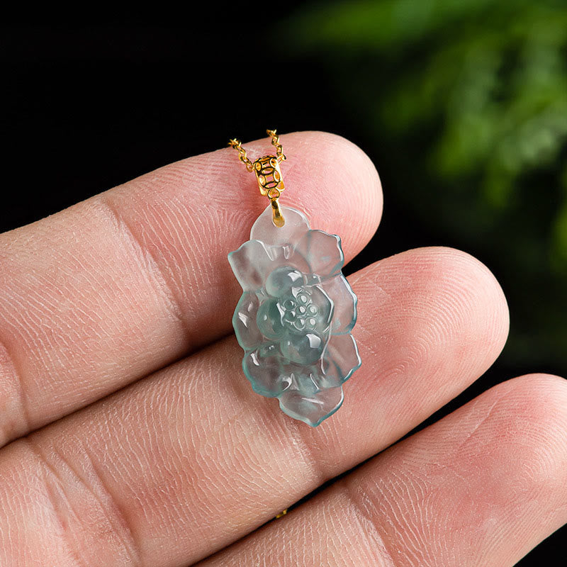 Buddha Stones 18K Gold natürliche Jade Lotus Muster Wohlstand Halskette Anhänger - image 3