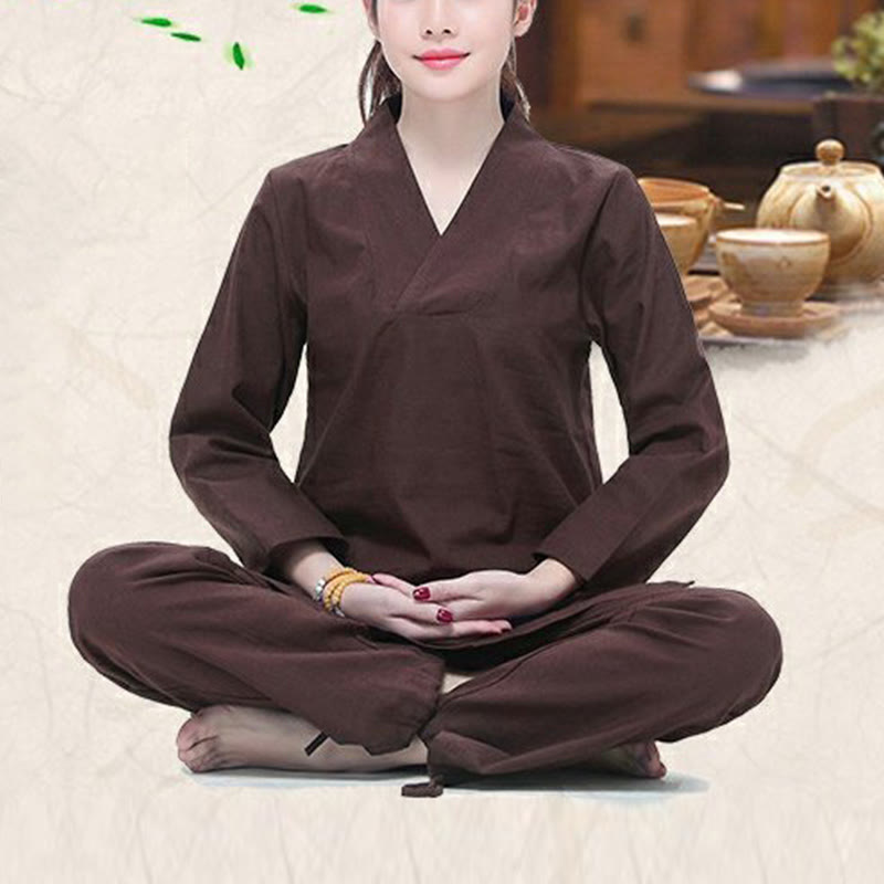 Buddha Stones Zen Praxis Yoga Meditation Gebet V-Ausschnitt Design Uniform Baumwolle Leinen Kleidung Damen Set