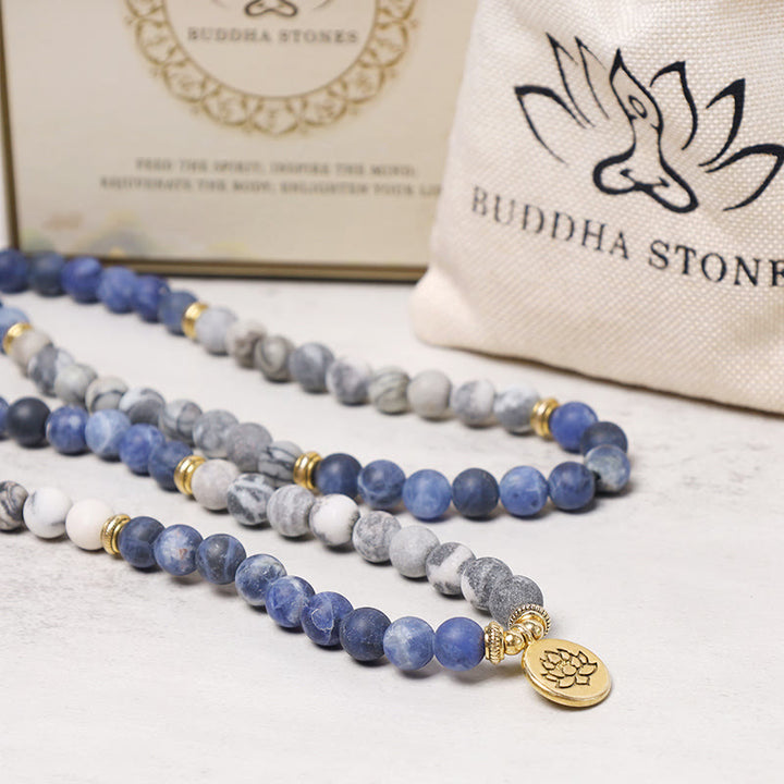 Buddha Stones 108 natürliches Picasso-Jaspis- und Blaustein-Mala-Perlen-Lotus-Anhänger-Armband