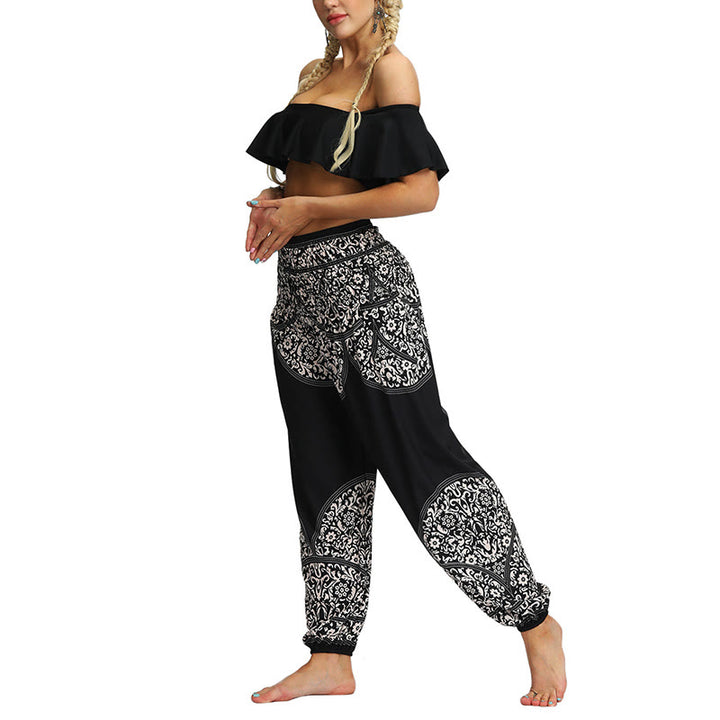 Buddha Stones Boho Lockere Haremshose mit geometrischem Elefantenmuster für Damen, Yogahose