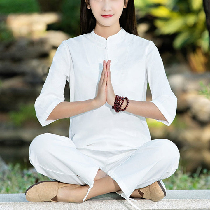 Buddha Stones 2-teiliges Set mit halblangen Ärmeln, Hemd, Oberteil und Hose, Meditation, Zen, Tai Chi, Baumwolle und Leinen, Damen