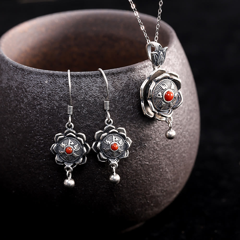 925 Sterling Silber Om Mani Padme Hum Lotus Peace Halskette Anhänger Ohrringe - image 5