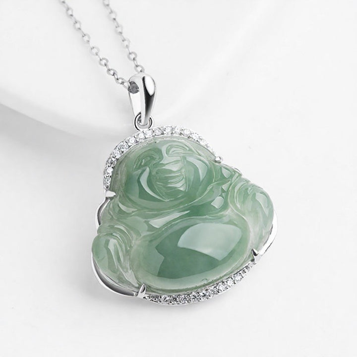 Buddha Stones Halskette mit Anhänger in Form eines lachenden Buddhas aus 925er Sterlingsilber mit grüner Jade-Einlage und Titanstahlkette - image 1