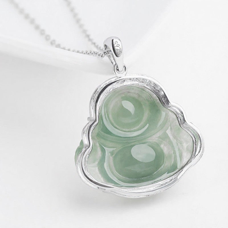 Buddha Stones Halskette mit Anhänger in Form eines lachenden Buddhas aus 925er Sterlingsilber mit grüner Jade-Einlage und Titanstahlkette - image 2