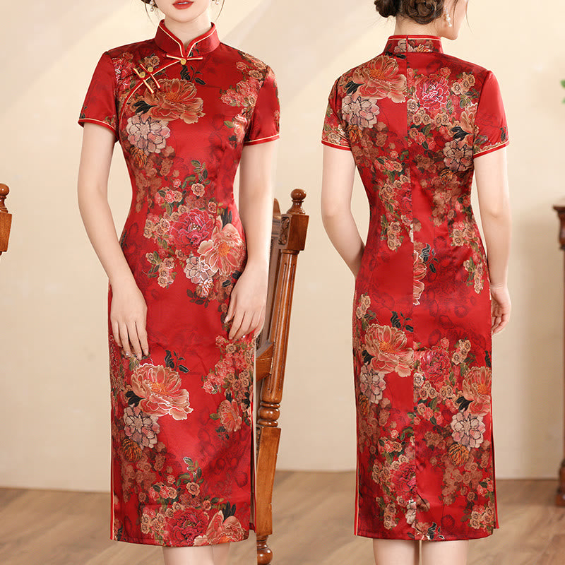 Buddha Stones Retro Blume Lotus Pfingstrose Feder Druck Qipao Kleid Damen Cheongsam Kleid