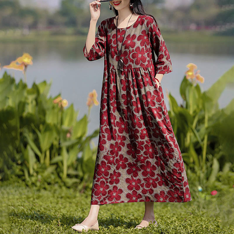 Midikleid mit Buddha-Steinen und Blumen-Print, Tunikakleid aus Baumwolle und Leinen mit Taschen