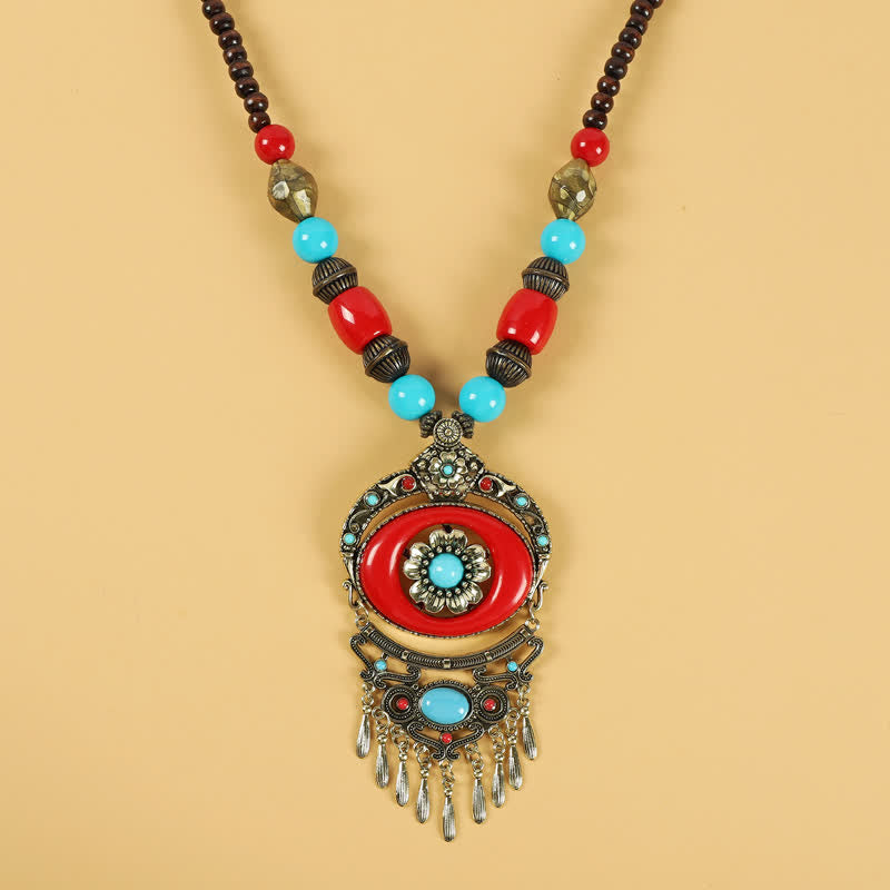 Tibetische Retro-Perlen, Quasten-Haarschmuck, Haarschmuck - Blumen-Rot - image 12