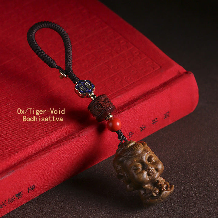 Chinesischer Tierkreiszeichen-Buddha-Schlüsselanhänger aus grünem Sandelholz Om Mani Padme Hum Frieden - Ochse/Tiger-Leere Bodhisattva - image 10
