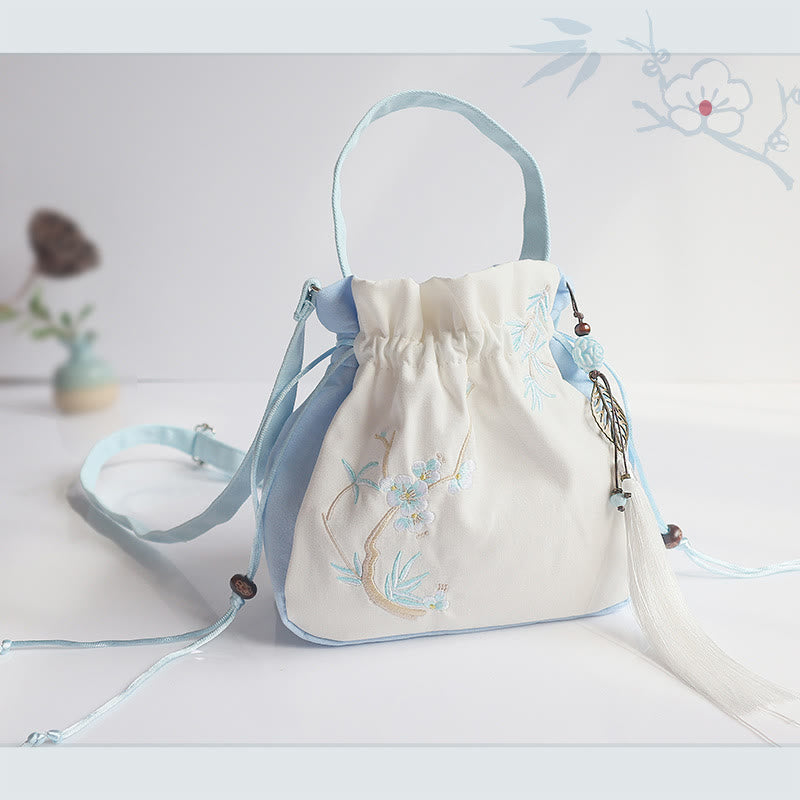Buddha Stones Handgefertigte bestickte Blumen Canvas Tote Schultertasche Handtasche - Hellblaue weiße Blume 20 x 20 cm - image 27