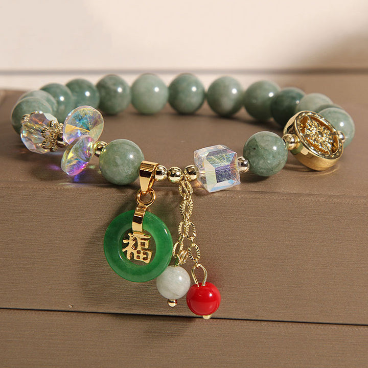 Buddha Stones Charm-Heilarmband aus Erdbeerquarz und Jade mit Fu-Charakter
