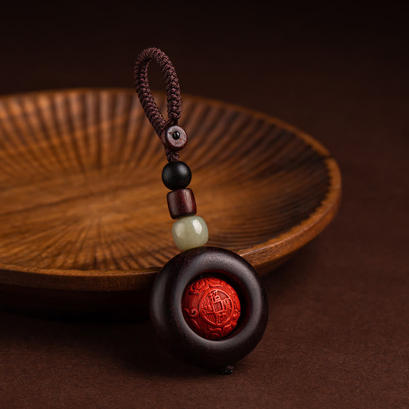 Buddha Stones, Tibet, Om Mani Padme Hum, PiXiu, Kupfermünze, kleines Blatt, rotes Sandelholz, Zinnober, Schutz-Schlüsselanhänger