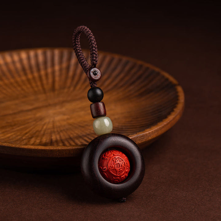 Buddha Stones, Tibet, Om Mani Padme Hum, PiXiu, Kupfermünze, kleines Blatt, rotes Sandelholz, Zinnober, Schutz-Schlüsselanhänger
