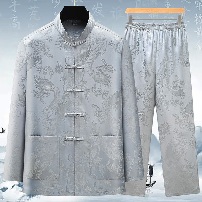 Buddha Stones Tang Anzug Männer Hanfu Chinesischer Drache Traditionelle Kleidung Kung Fu Hemd Uniform Langärmeliger Mantel Tops und Hosen Kleidung Herren Set - Grau - US/ UK/AU42，EU52 (3XL) - image 0