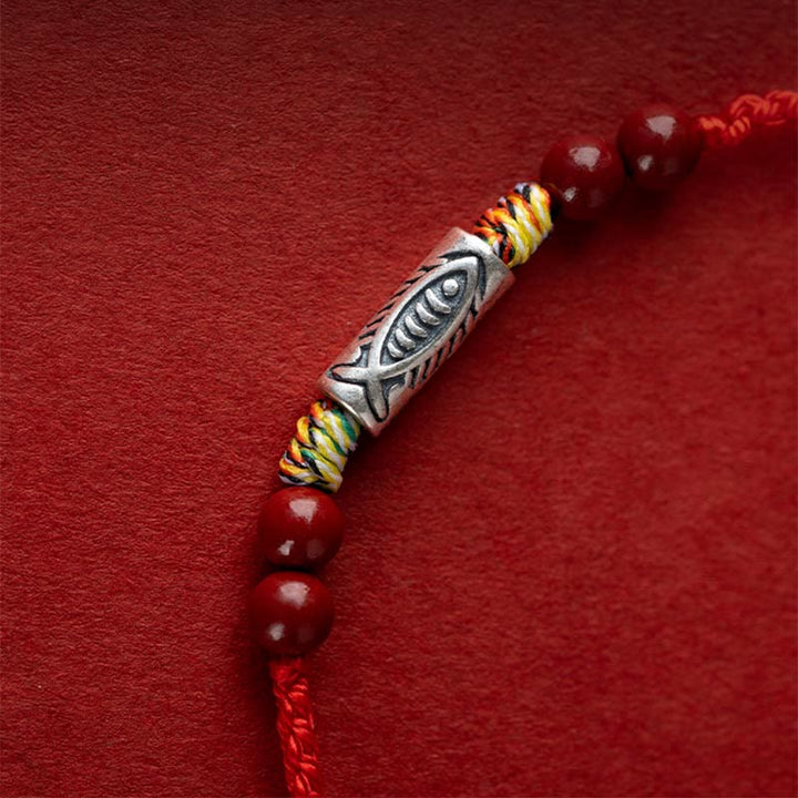 Buddha Stones 925 Sterling Silber Koi Fisch Zinnober Perle Reichtum Handgefertigtes geflochtenes Armband Fußkettchen