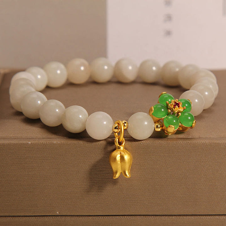 Buddha Stones Armband mit Glücksbringer, natürliche Jade, grüne Blume, Maiglöckchen