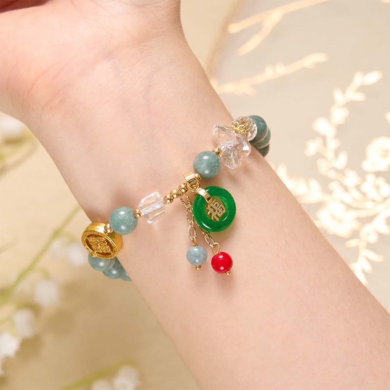 Buddha Stones Charm-Heilarmband aus Erdbeerquarz und Jade mit Fu-Charakter