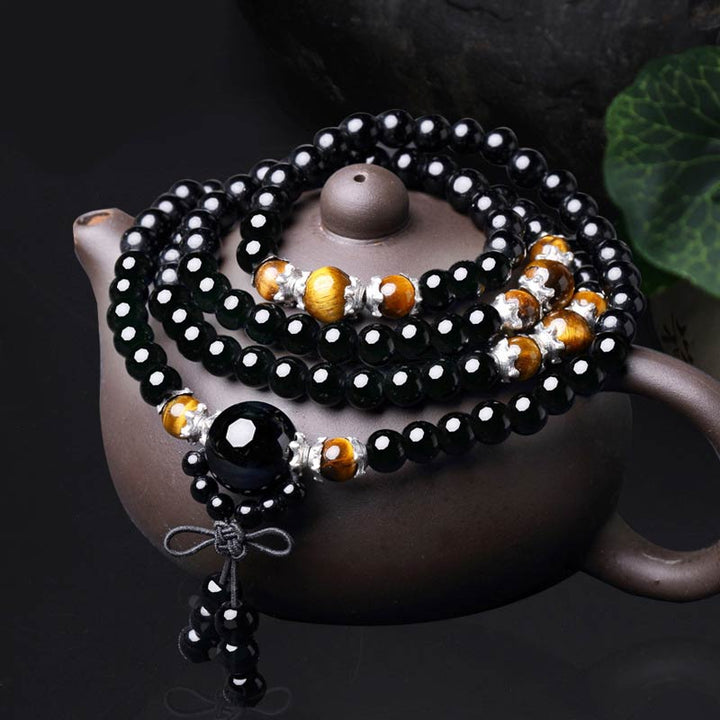 Buddha Stones 108 Perlen natürliches schwarzes Obsidian-Tigerauge-Mala-Armband