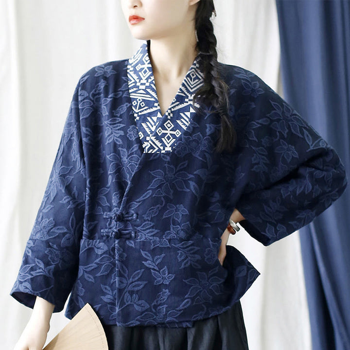 Buddha Stones Flower Jacquard-Jacke mit V-Ausschnitt und langen Ärmeln