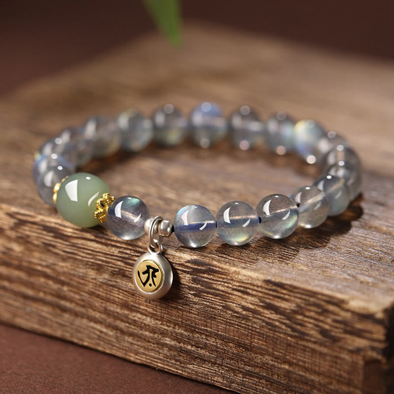 Buddha Stones ​​Chinesisches Tierkreiszeichen 925 Sterling Silber Natürlicher Mondstein Hetian Jade Positives Armband - Hund/Schwein (Handgelenkumfang 15,5-16 cm) - image 0