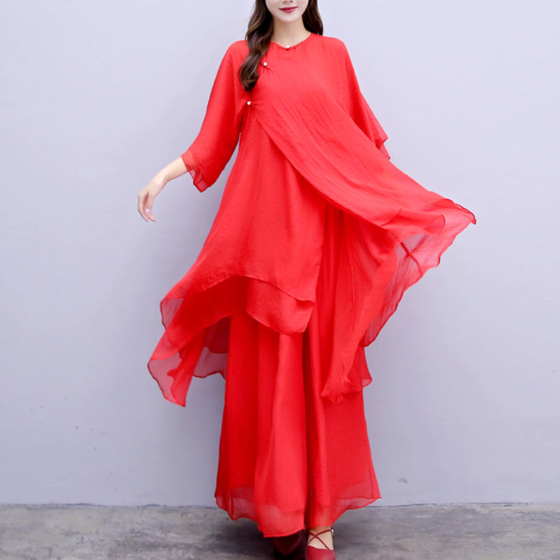 Buddha Stones 3-teiliges Yoga-Chiffon-Kleidungsstück, einheitliches Meditations-Zen-Praxis-Damen-Set - Roter Anzug (Oberteil + Hose + Hosenträger) - US6, UK/AU10, EU38 (XL) - image 28