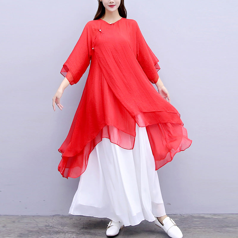 Buddha Stones 3-teiliges Yoga-Chiffon-Kleidungsstück, einheitliches Meditations-Zen-Praxis-Damen-Set - Rotes Oberteil, weiße Hose und Hosenträger - US6, UK/AU10, EU38 (XL) - image 32