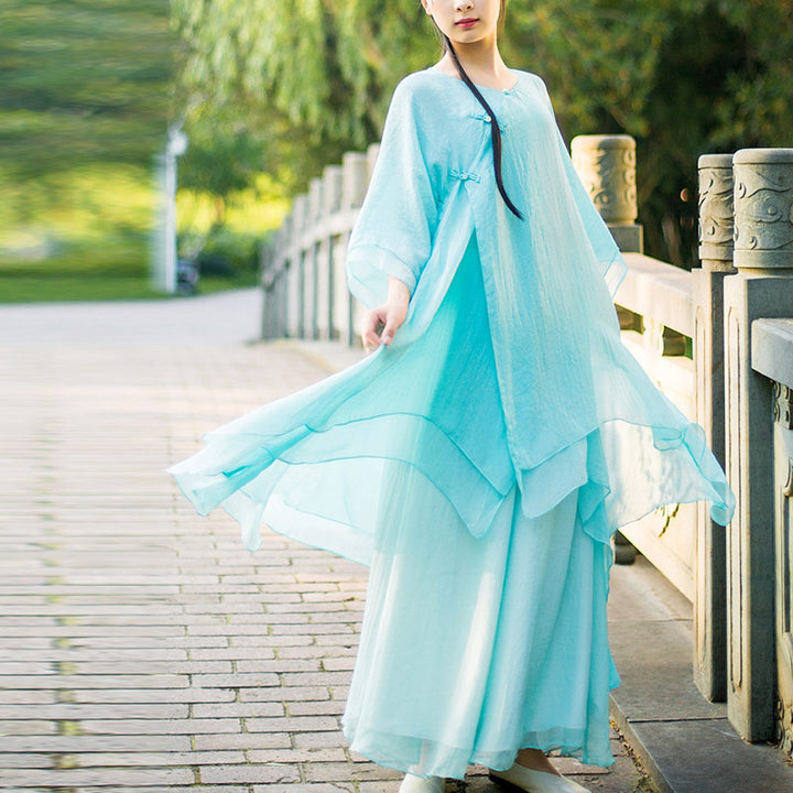 Buddha Stones 3-teiliges Yoga-Chiffon-Kleidungsstück, einheitliches Meditations-Zen-Praxis-Damen-Set - Hellcyanfarbener Anzug (Oberteil + Hose + Hosenträger) - US6, UK/AU10, EU38 (XL) - image 0