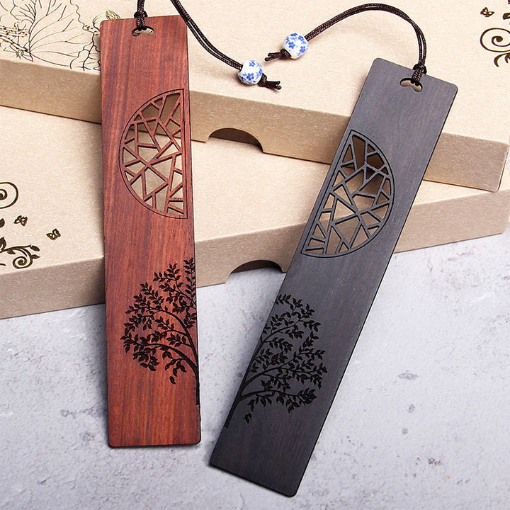 Buddha Stones Der Baum des Lebens Lesezeichen aus Ebenholz, kleines Blatt, rotes Sandelholz, mit Geschenkbox