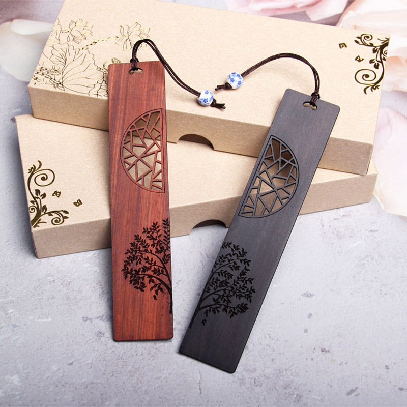 Buddha Stones Der Baum des Lebens Lesezeichen aus Ebenholz, kleines Blatt, rotes Sandelholz, mit Geschenkbox