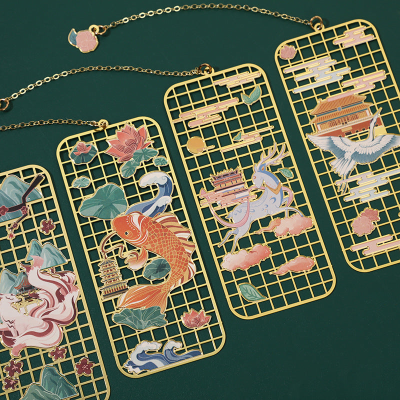 Buddha Stones, Elch, Koi-Fisch, Kranich, neunschwänziger Fuchs, Metall, Messing, hohles Lesezeichen - image 0