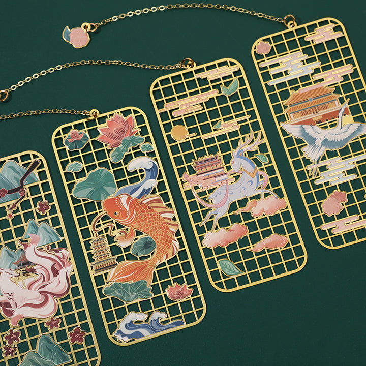 Buddha Stones, Elch, Koi-Fisch, Kranich, neunschwänziger Fuchs, Metall, Messing, hohles Lesezeichen - image 0
