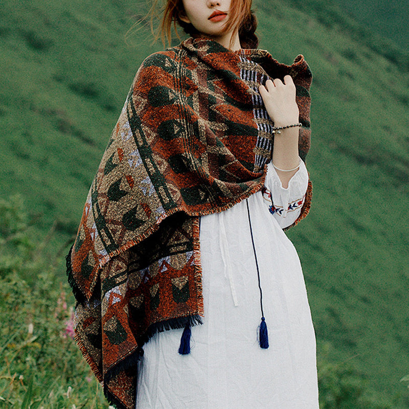 Tibetischer Schal mit Buddha Stonesn, klassisches Geometriemuster, gemütlicher Winter-Reiseschal - Braun 210 x 65 cm - image 0