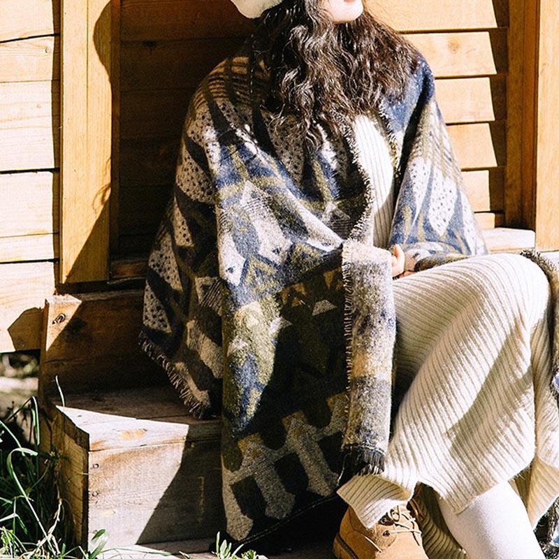 Tibetischer Schal mit Buddha Stonesn, klassisches Geometriemuster, gemütlicher Winter-Reiseschal - Blau 210 x 65 cm - image 12