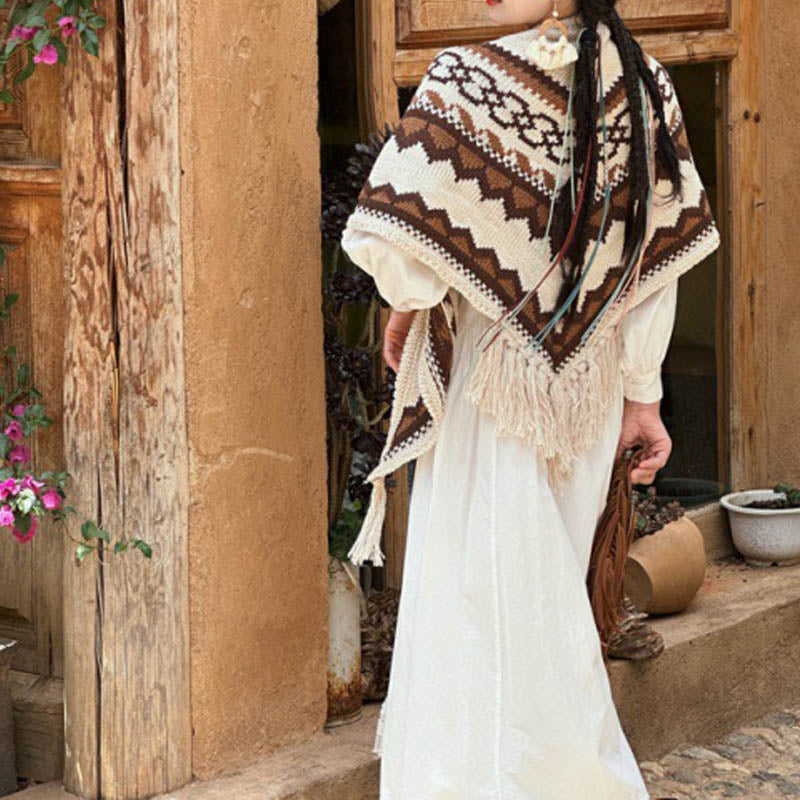 Buddha Stones Tibetischer gestreifter Schal mit Quasten in Braun und Beige für den Winter, gemütlicher Reiseschal - 185 x 65 cm - image 0