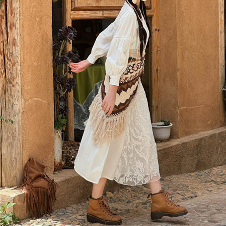 Buddha Stones Tibetischer gestreifter Schal mit Quasten in Braun und Beige für den Winter, gemütlicher Reiseschal - image 6