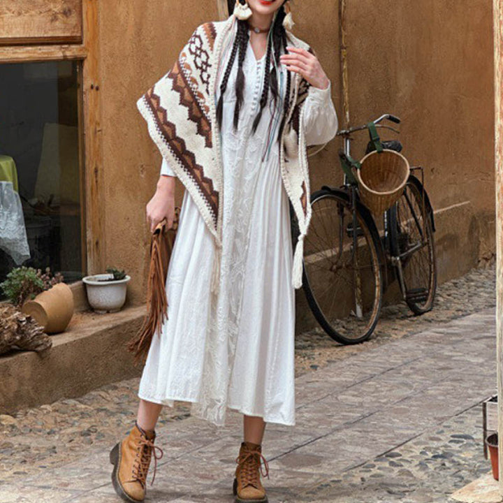 Buddha Stones Tibetischer gestreifter Schal mit Quasten in Braun und Beige für den Winter, gemütlicher Reiseschal - image 9