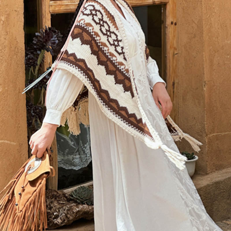 Buddha Stones Tibetischer gestreifter Schal mit Quasten in Braun und Beige für den Winter, gemütlicher Reiseschal - image 2