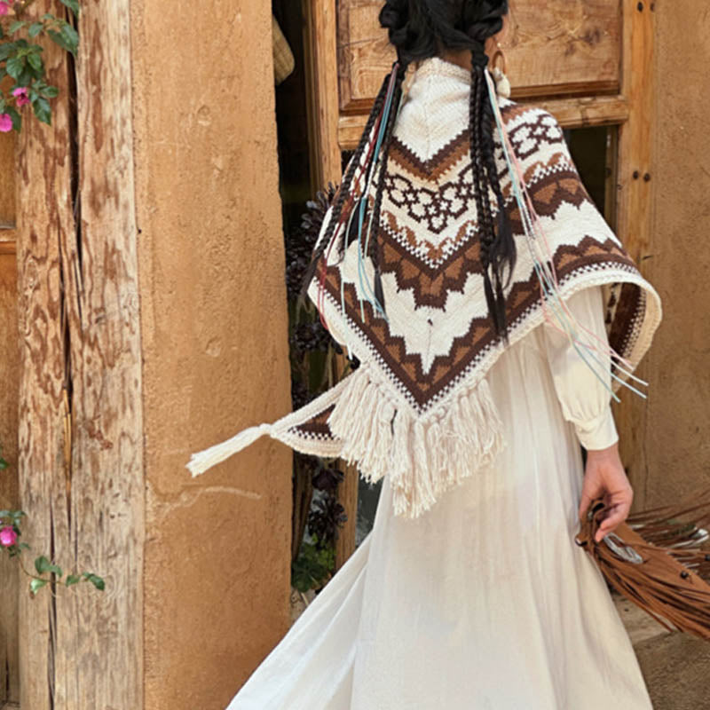 Buddha Stones Tibetischer gestreifter Schal mit Quasten in Braun und Beige für den Winter, gemütlicher Reiseschal - image 4