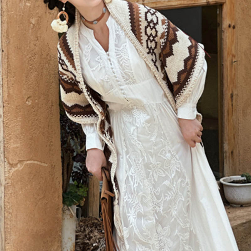 Buddha Stones Tibetischer gestreifter Schal mit Quasten in Braun und Beige für den Winter, gemütlicher Reiseschal - image 10