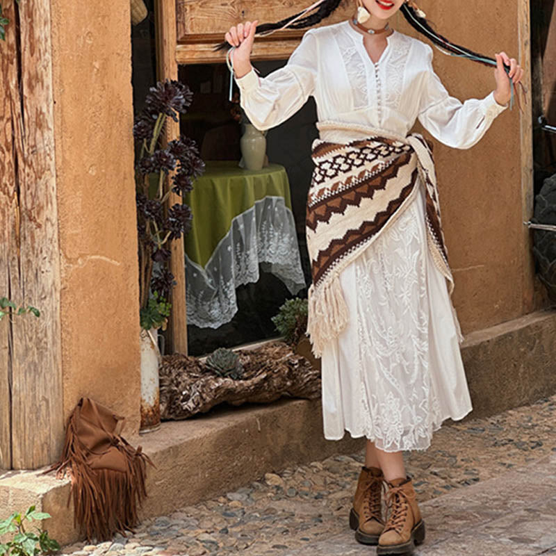 Buddha Stones Tibetischer gestreifter Schal mit Quasten in Braun und Beige für den Winter, gemütlicher Reiseschal - image 7