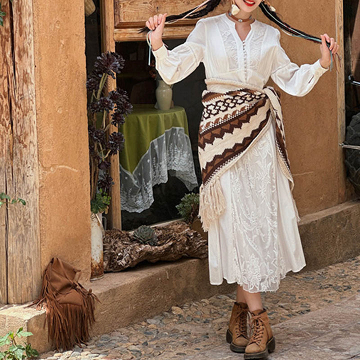 Buddha Stones Tibetischer gestreifter Schal mit Quasten in Braun und Beige für den Winter, gemütlicher Reiseschal - image 7