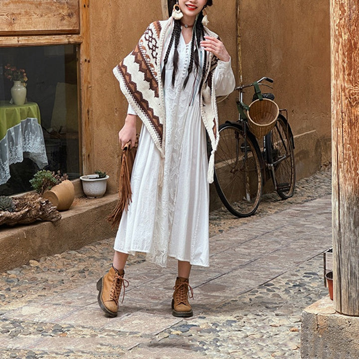 Buddha Stones Tibetischer gestreifter Schal mit Quasten in Braun und Beige für den Winter, gemütlicher Reiseschal - image 12