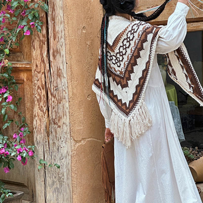 Buddha Stones Tibetischer gestreifter Schal mit Quasten in Braun und Beige für den Winter, gemütlicher Reiseschal - image 11