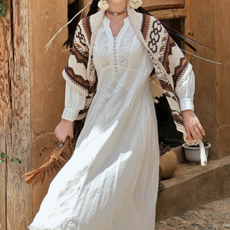 Buddha Stones Tibetischer gestreifter Schal mit Quasten in Braun und Beige für den Winter, gemütlicher Reiseschal - image 1