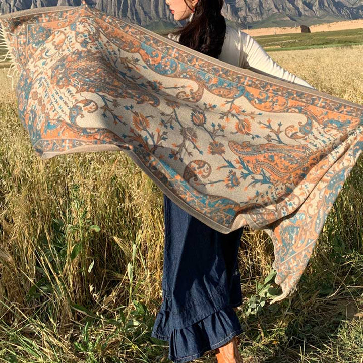 Schal mit Buddha Stonesn, tibetischer Blumenzweig, Quaste, gemütlicher Reiseschal - image 2