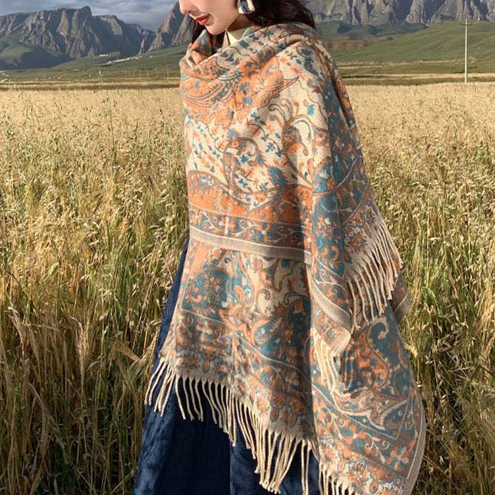 Schal mit Buddha Stonesn, tibetischer Blumenzweig, Quaste, gemütlicher Reiseschal - image 4
