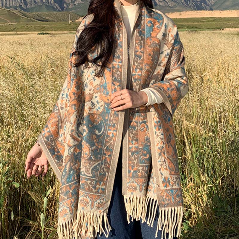 Schal mit Buddha Stonesn, tibetischer Blumenzweig, Quaste, gemütlicher Reiseschal - image 3