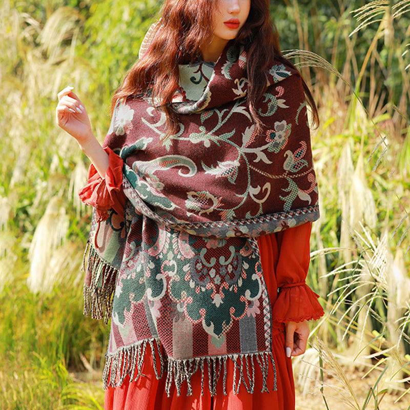 Buddha Stones, tibetische Blumen, Blätter, Zweig-Design, Quastenschal, gemütlicher Reiseschal - image 1