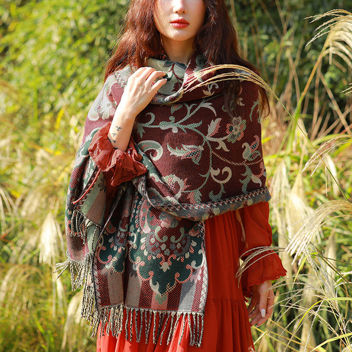 Buddha Stones, tibetische Blumen, Blätter, Zweig-Design, Quastenschal, gemütlicher Reiseschal - Dunkelrot - image 0