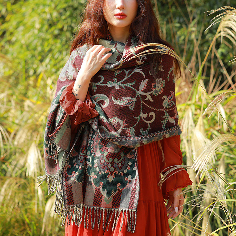 Buddha Stones, tibetische Blumen, Blätter, Zweig-Design, Quastenschal, gemütlicher Reiseschal - Dunkelrot - image 0