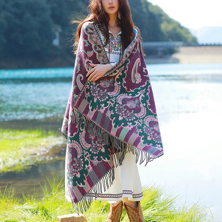 Buddha Stones, tibetische Blumen, Blätter, Zweig-Design, Quastenschal, gemütlicher Reiseschal - Lila - image 10